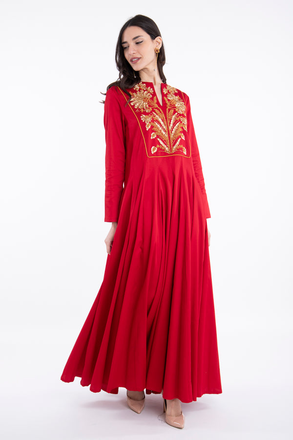 Zeina Cotton Embroidered Red & Gold Dress