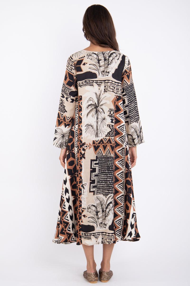 Khayal Linen Black And Beige Printed Dress