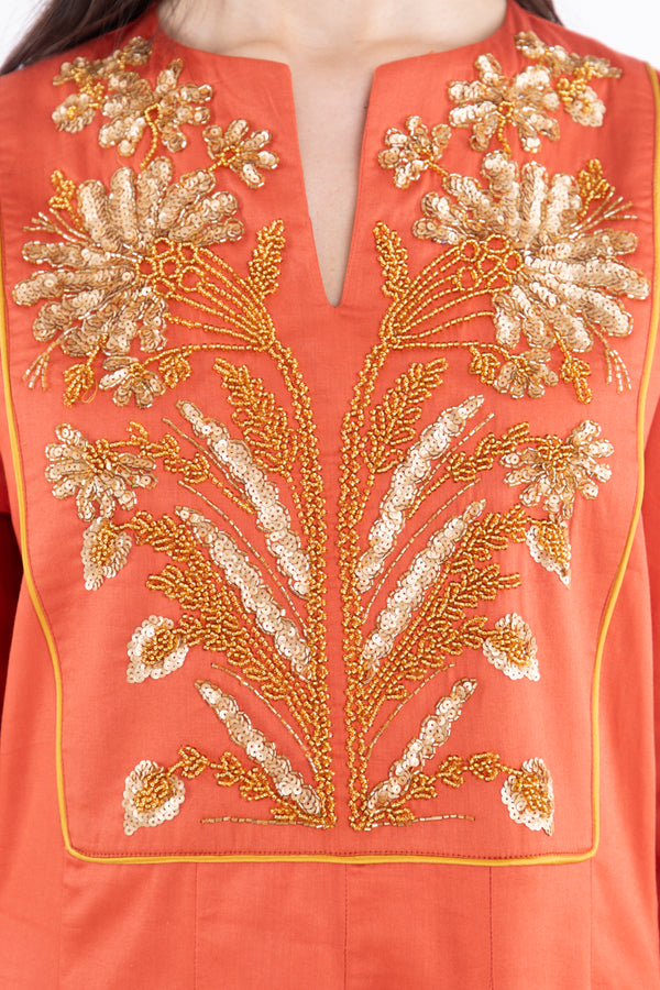 Zeina Cotton Embroidered Glaze Orange With Gold Dress