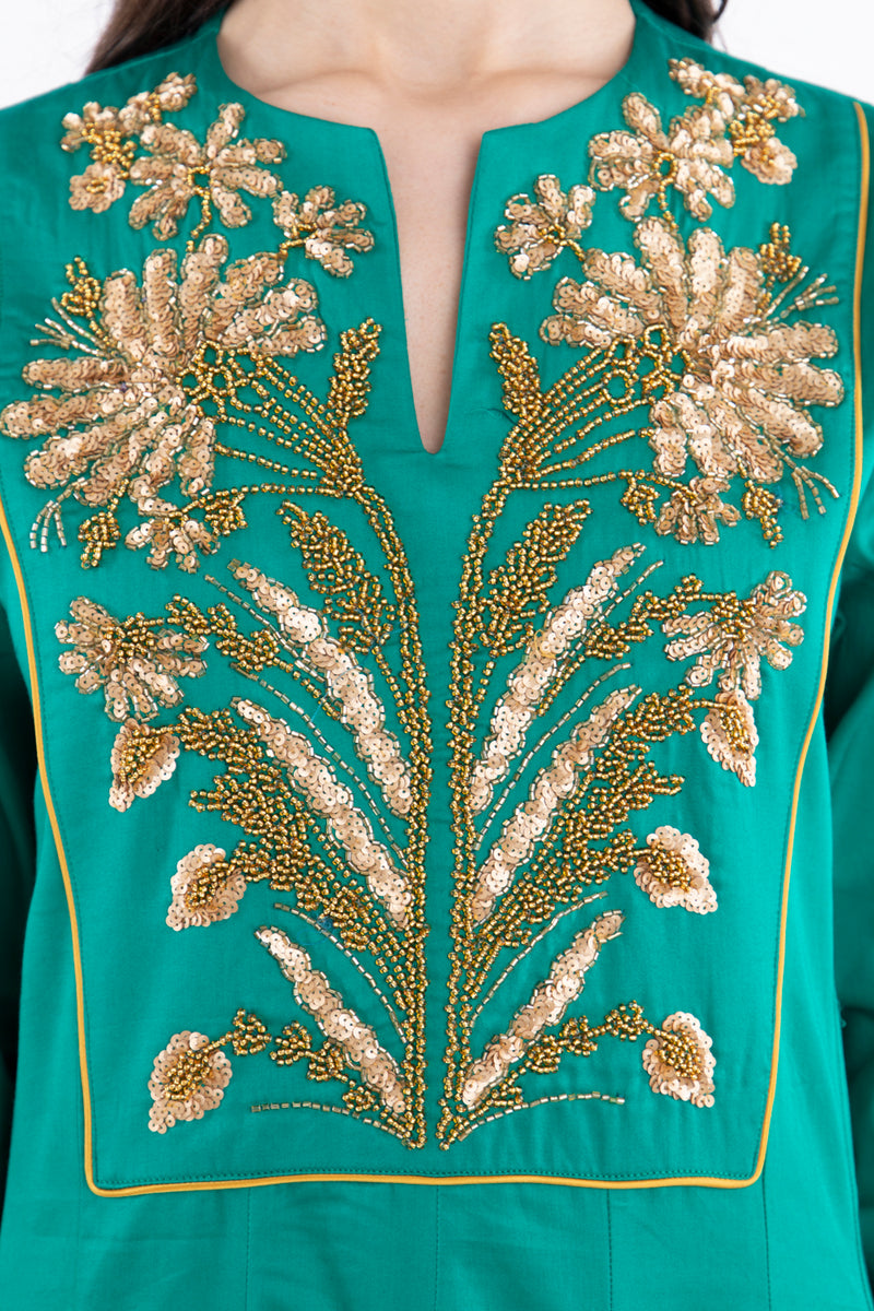 Zeina Cotton Embroidered Green Gold Dress