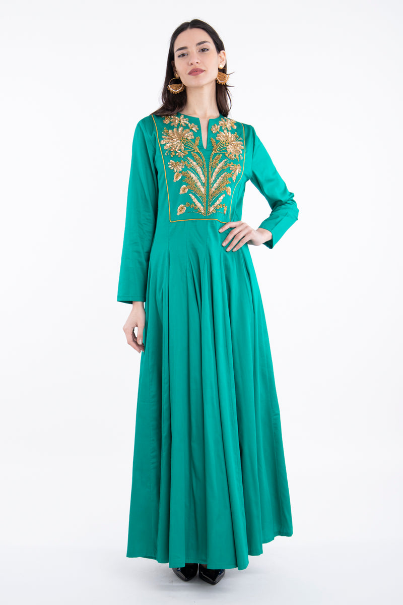 Zeina Cotton Embroidered Green Gold Dress