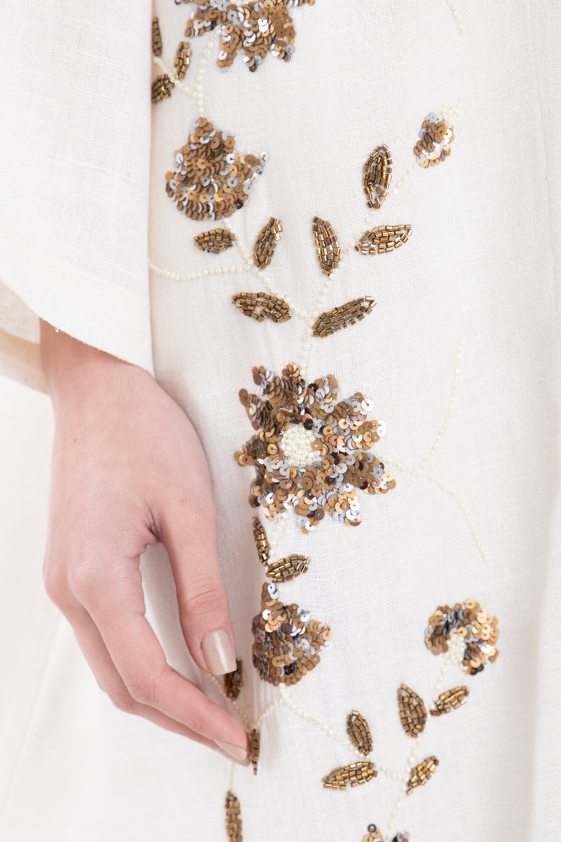 Rajwa Linen Embroidered Off White Abaya