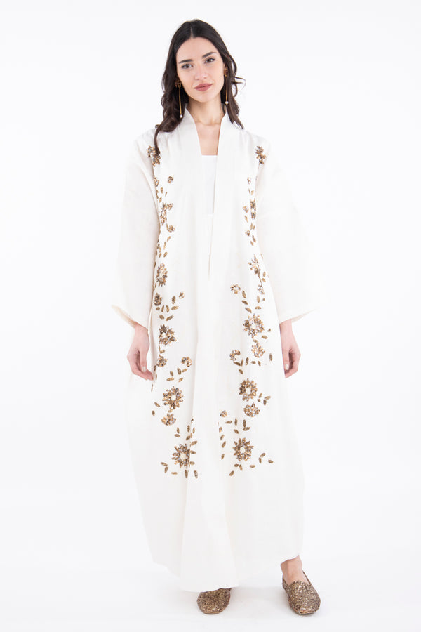 Rajwa Linen Embroidered Off White Abaya