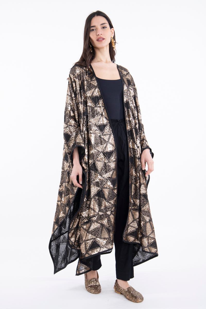 Amira Georgette Embroidered Geometric Gold Poncho