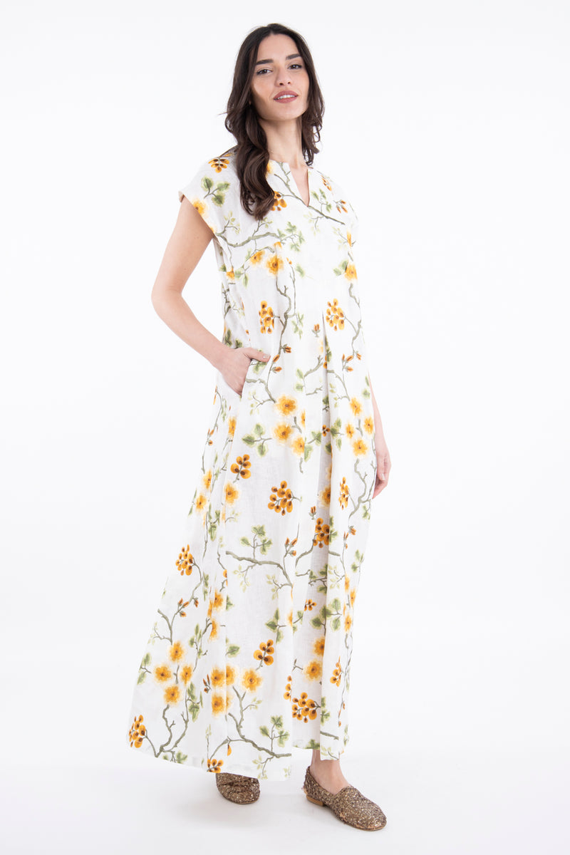 Shirine Linen Embroidered Yellow Sleeveless Dress