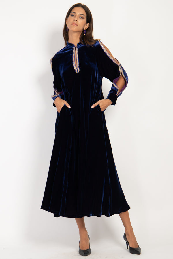 Hilal Silk Velvet Royal Blue Dress