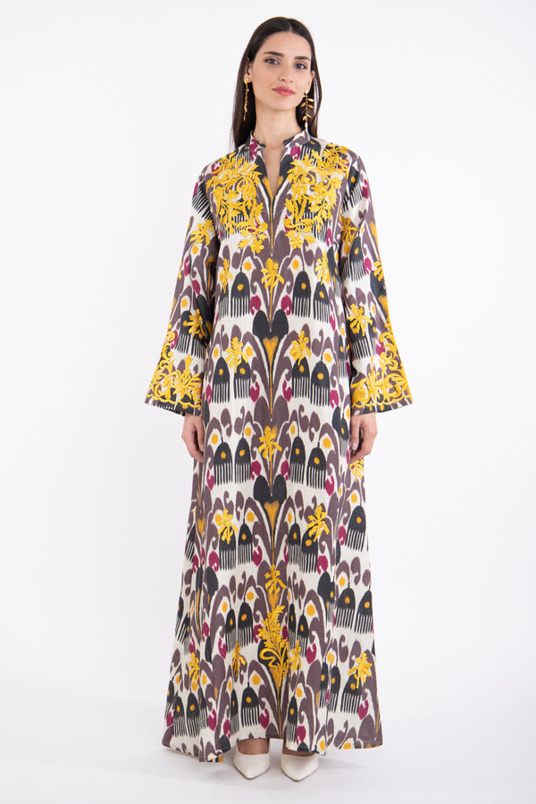 Habiba Linen Ikat Embroidered Dress