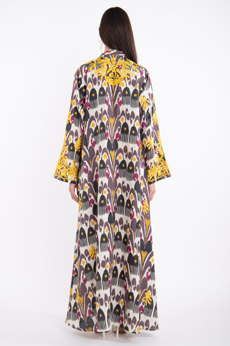 Habiba Linen Ikat Embroidered Dress