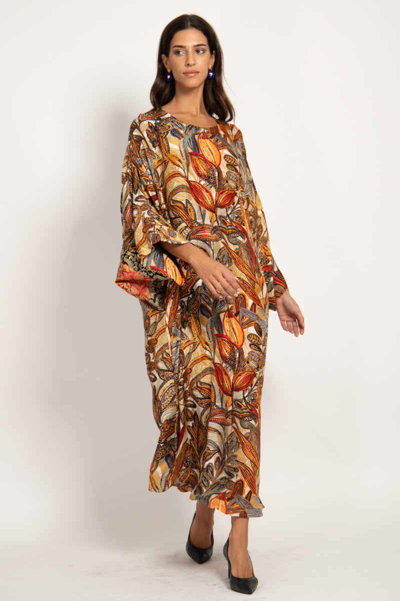 Rawda Silk Habotai Foliage Kaftan