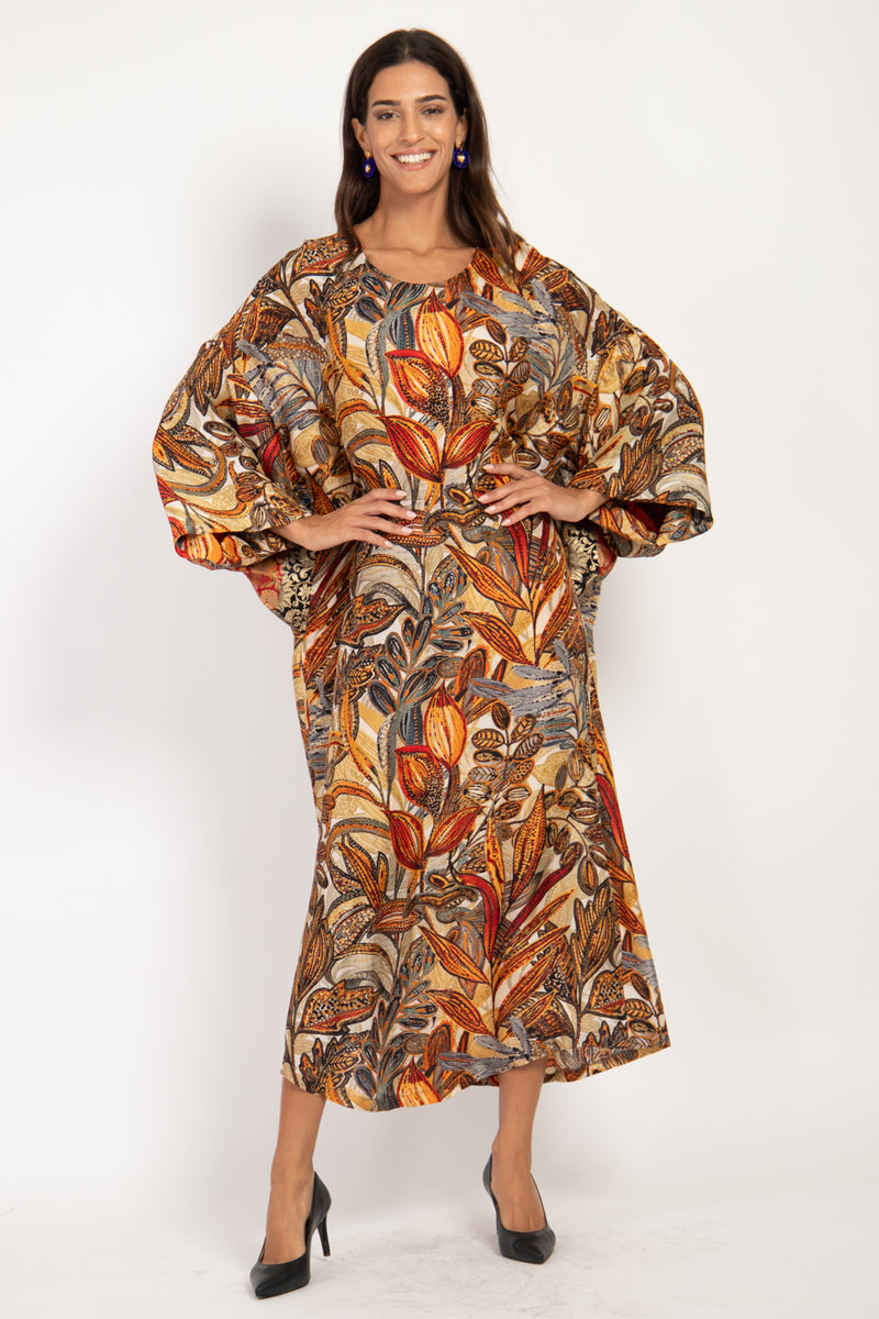 Rawda Silk Habotai Foliage Kaftan