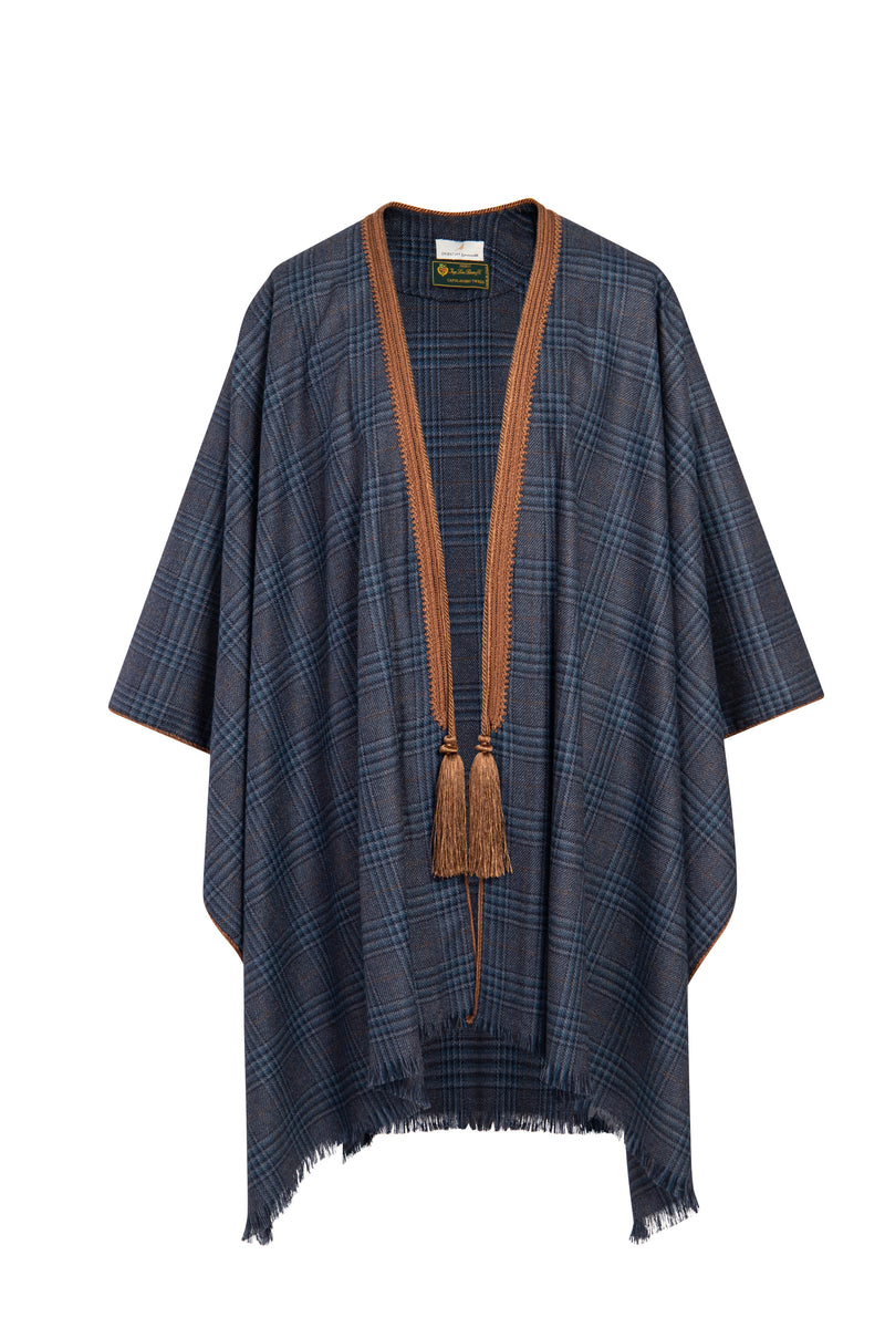 Wool Plaid Navy & Brown Poncho