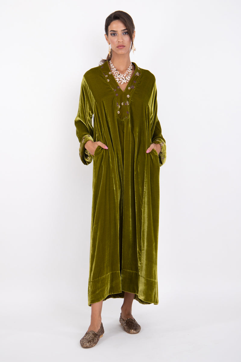 Warde Silk Velvet Harvest Green Dress
