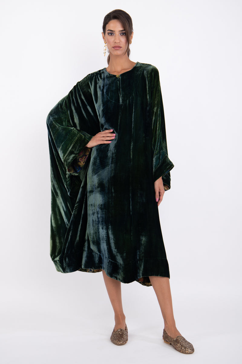 Asmahan Silk Velvet Pine Green Kaftan