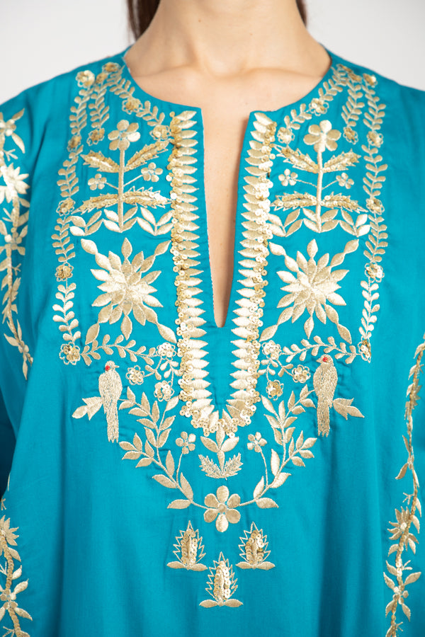 Nayyara Cotton Aqua Embroidered Dress