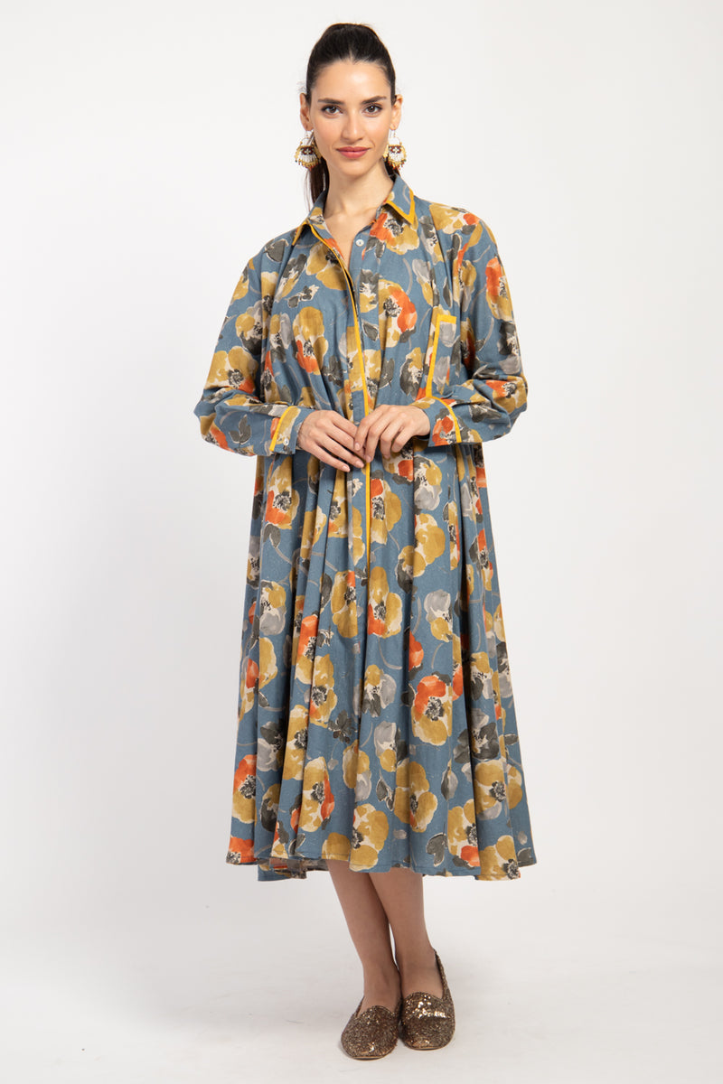 Bahiya Cotton & Linen Blue Floral Dress