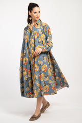 Bahiya Cotton & Linen Blue Floral Dress