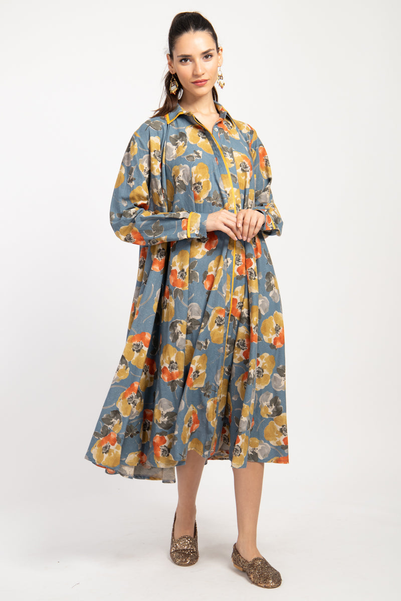 Bahiya Cotton & Linen Blue Floral Dress