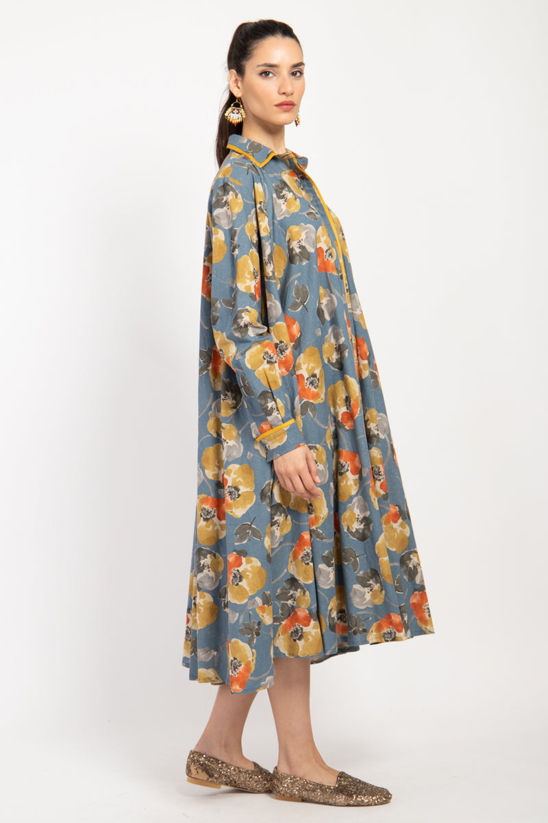 Bahiya Cotton & Linen Blue Floral Dress