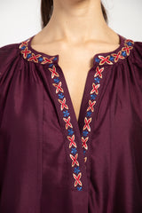 Assia Silk Burgundy Embroidered Dress