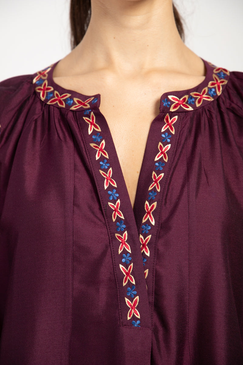 Assia Silk Burgundy Embroidered Dress