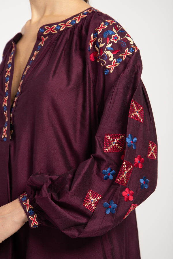 Assia Silk Burgundy Embroidered Dress