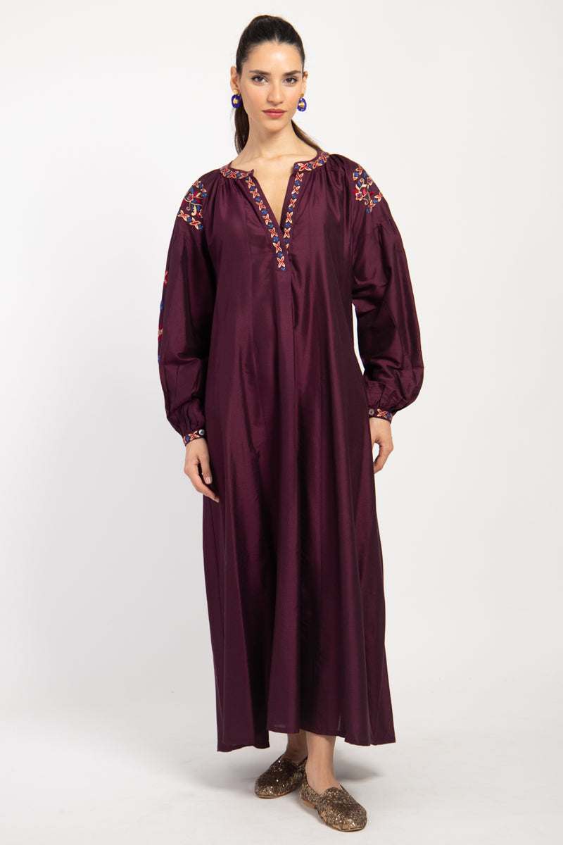 Assia Silk Burgundy Embroidered Dress