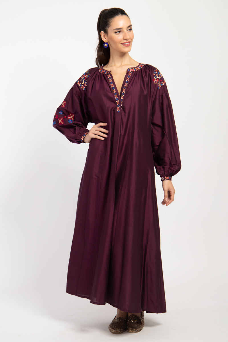 Assia Silk Burgundy Embroidered Dress