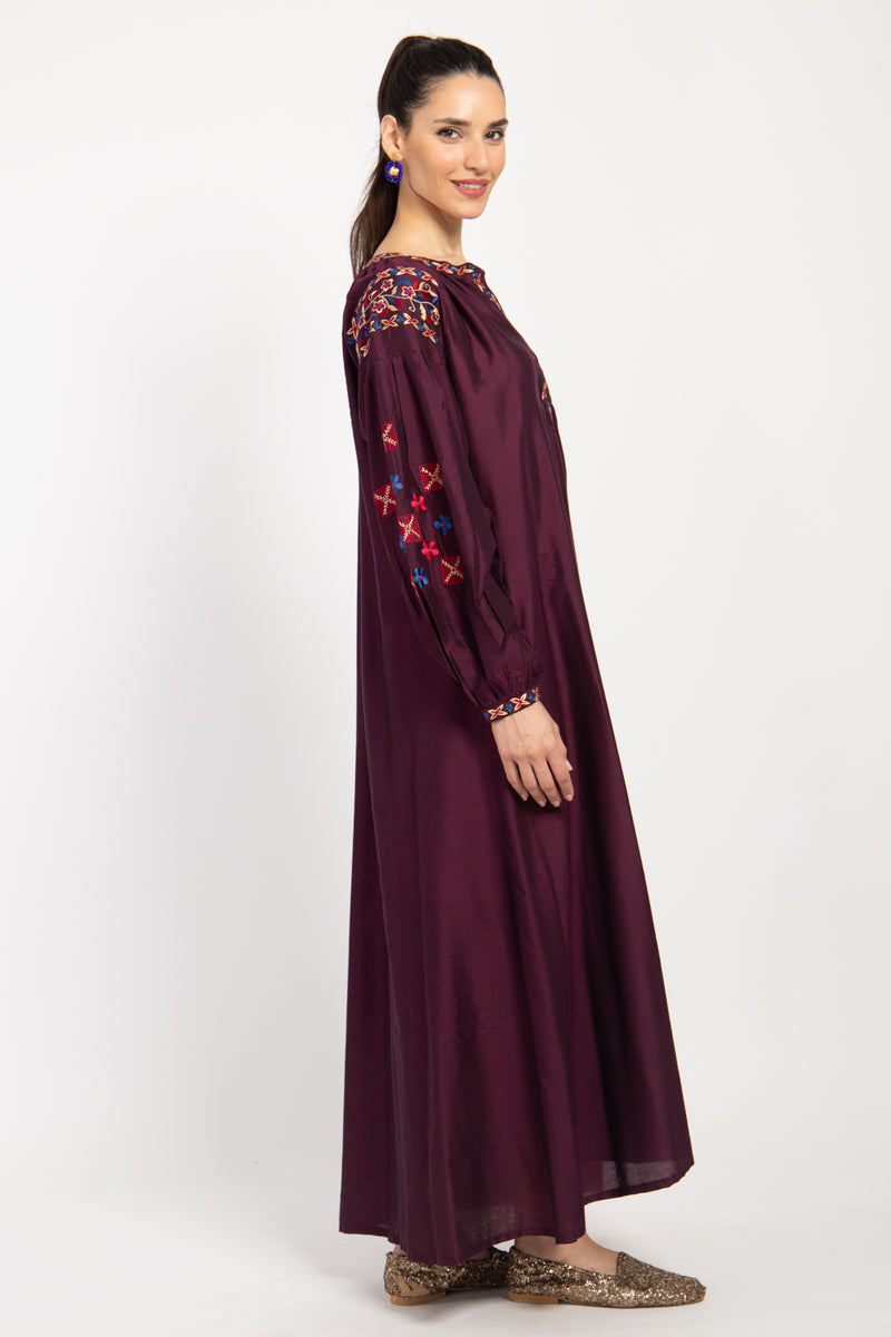 Assia Silk Burgundy Embroidered Dress