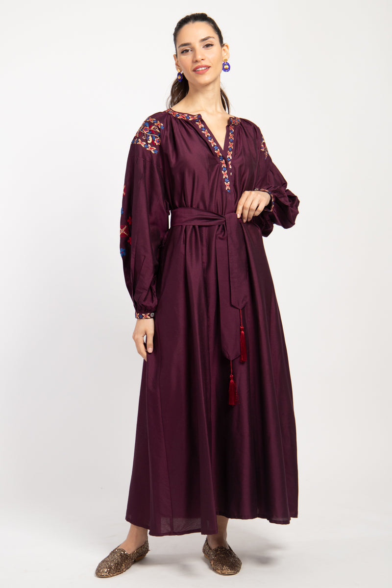 Assia Silk Burgundy Embroidered Dress