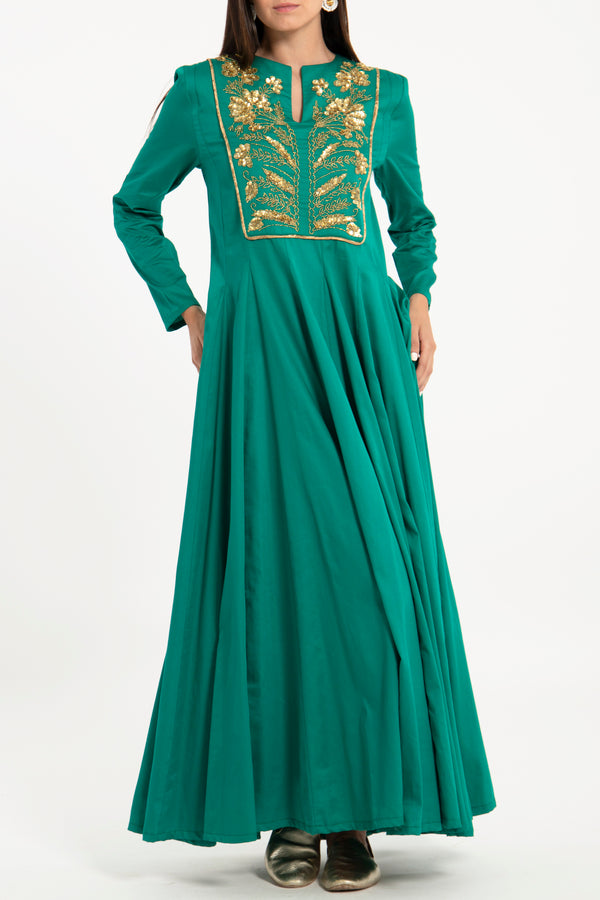 Zeina Cotton Beads Embroidered Green Dress