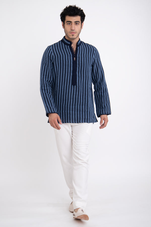 Jawad Linen Black & Blue Embroidered Shirt