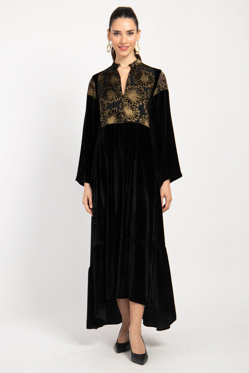 Mayada Velvet Black Devoré Flowers Dress