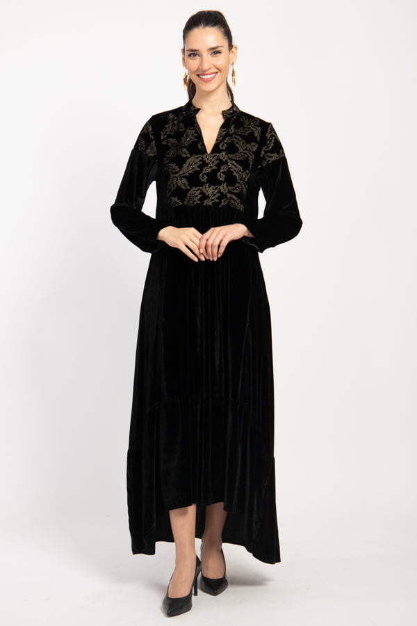 Mayada Velvet Embroidered Black & Gold Dress