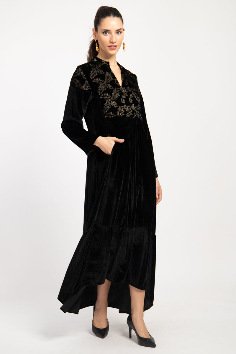 Mayada Velvet Embroidered Black & Gold Dress