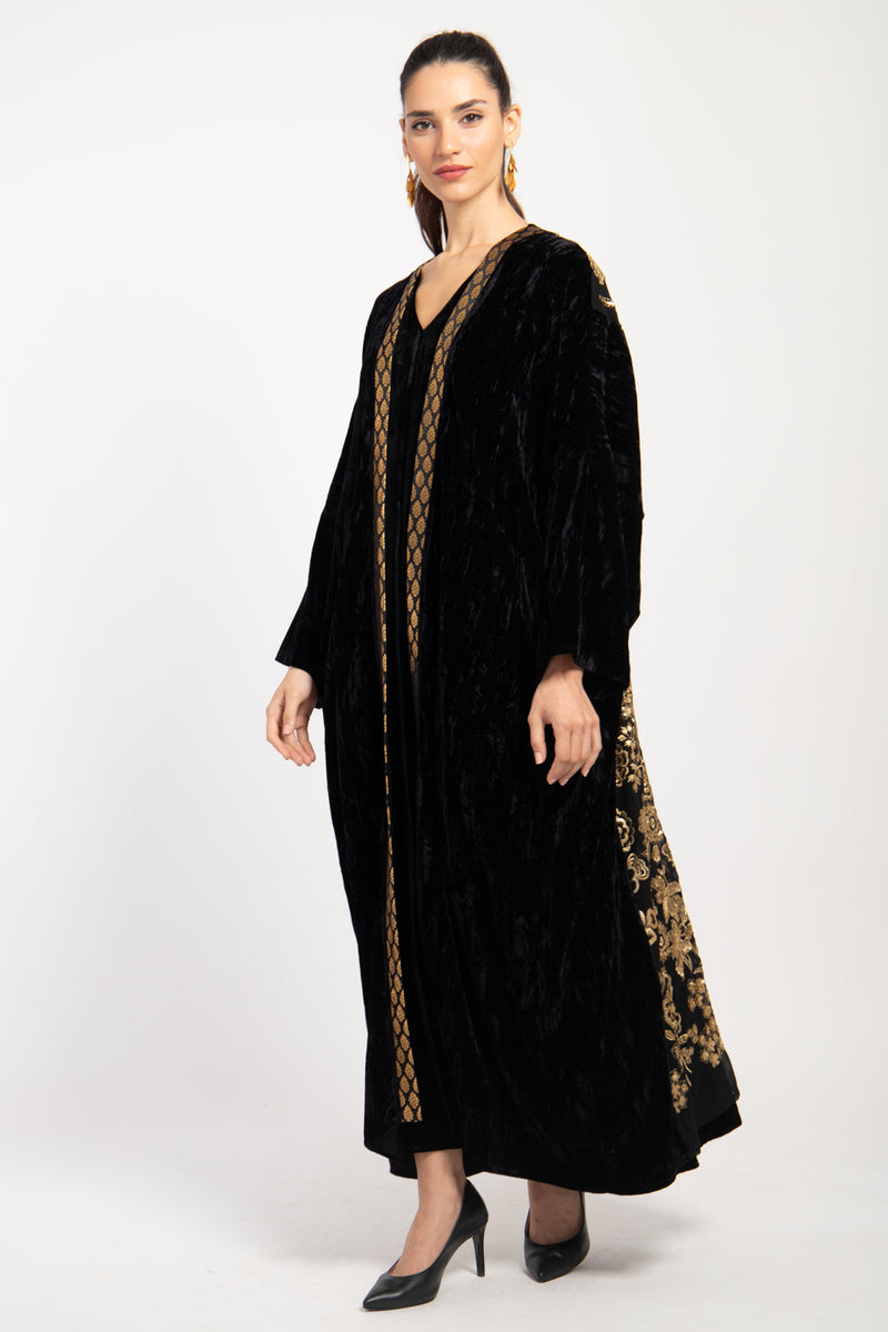 Kim Velvet Embroidered Black & Gold Abaya