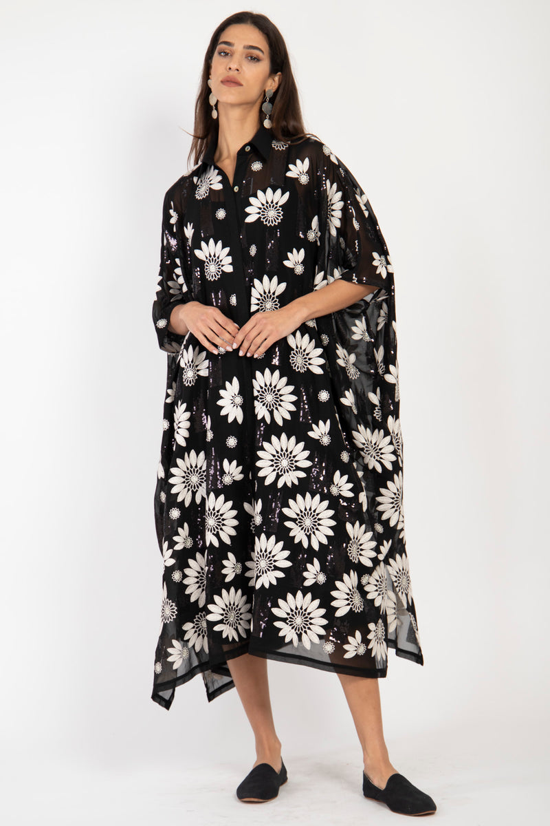 Edith Georgette Black & White Embroidered Dress