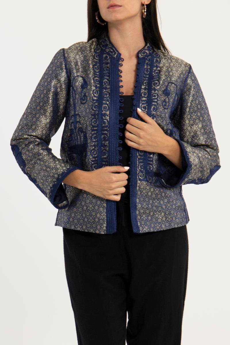 Kawas Silk Brocade Silver & Blue Jacket