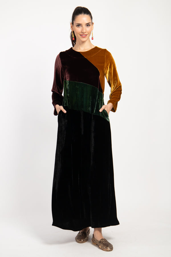 Lyana Velvet Multicolor Patchwork Dress