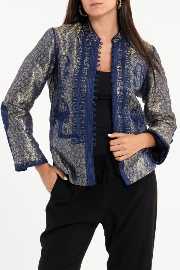 Kawas Silk Brocade Silver & Blue Jacket