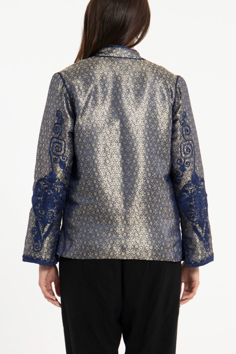 Kawas Silk Brocade Silver & Blue Jacket