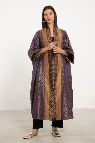 Yasma Cotton Silk Navy & Bronze Abaya