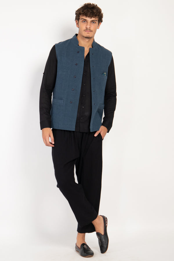 Hassan Linen & Wool Navy Gilet