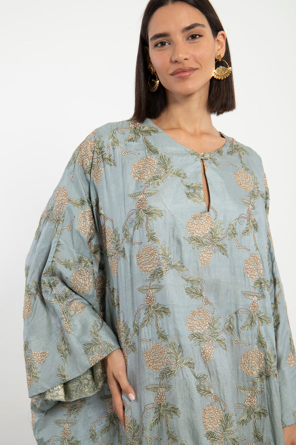 Asmahan Cotton Silk Blue Embroidered Kaftan