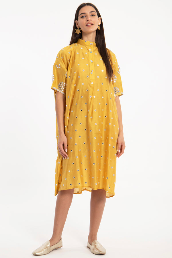Caren Cotton Silk Yellow Dots Dress