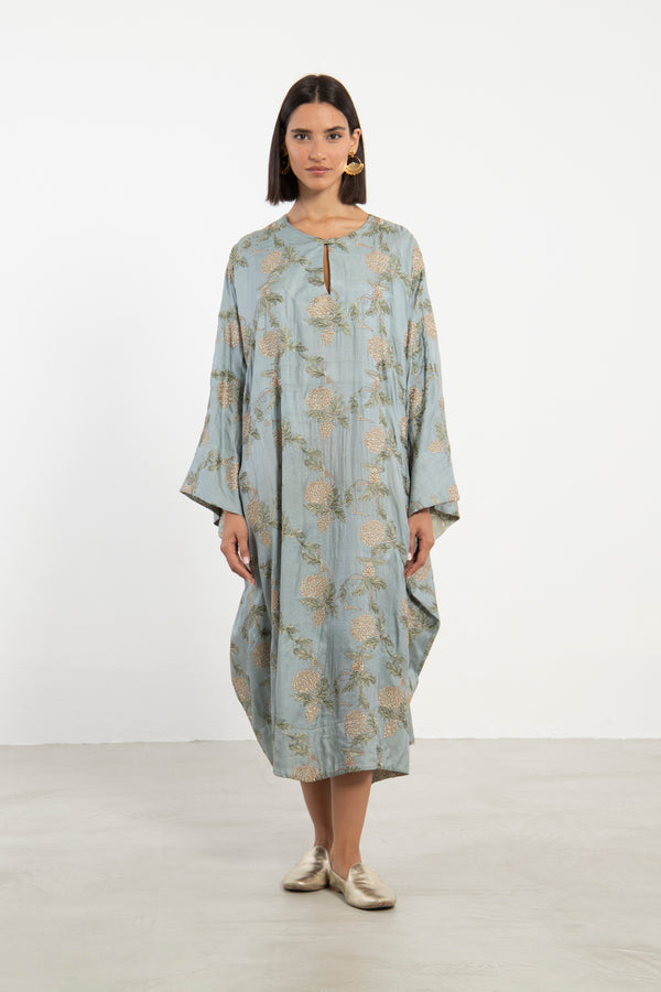 Asmahan Cotton Silk Blue Embroidered Kaftan