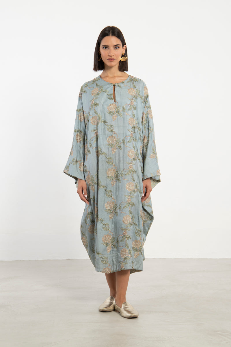 Asmahan Cotton Silk Blue Embroidered Kaftan