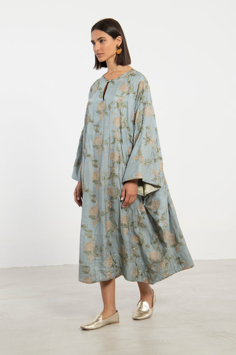 Asmahan Cotton Silk Blue Embroidered Kaftan