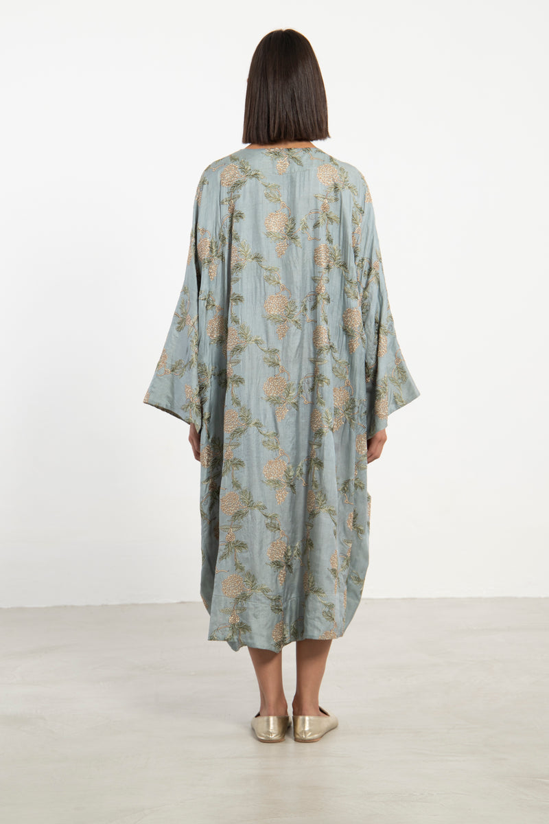 Asmahan Cotton Silk Blue Embroidered Kaftan