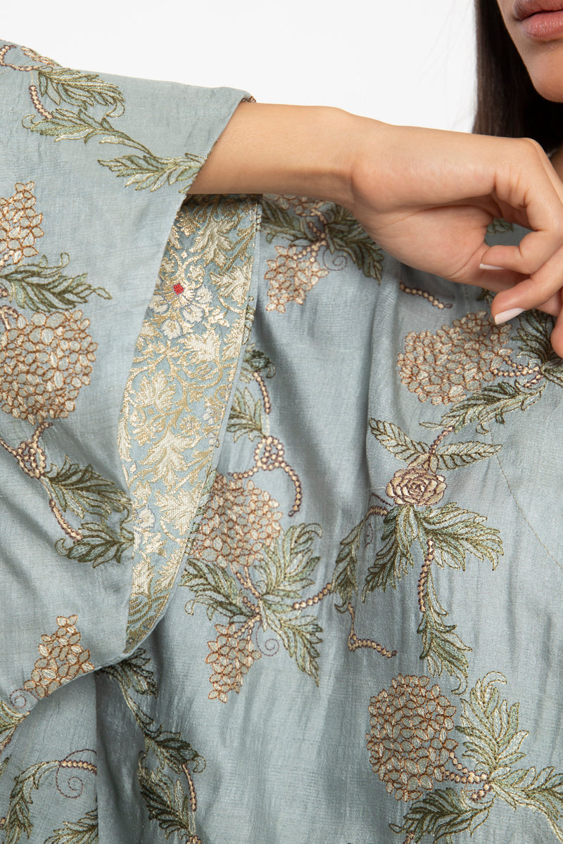 Asmahan Cotton Silk Blue Embroidered Kaftan