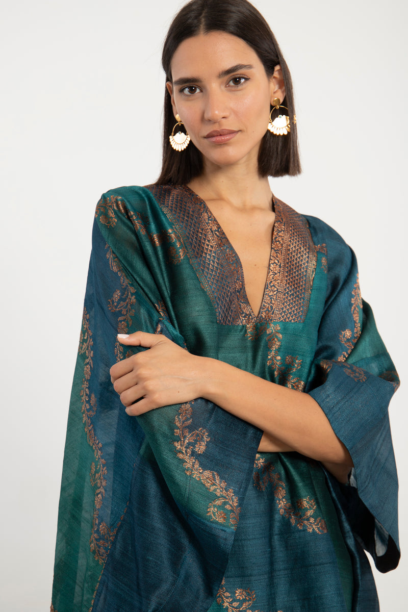 Adan Dupioni Silk Teal & Copper Kaftan